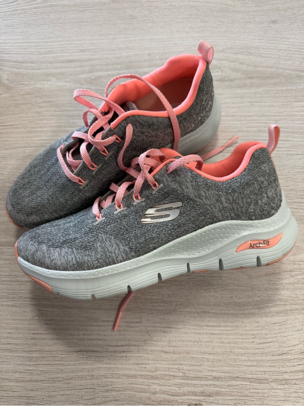 Skechers Gray Knit Athletic Sneakers with Coral Accents